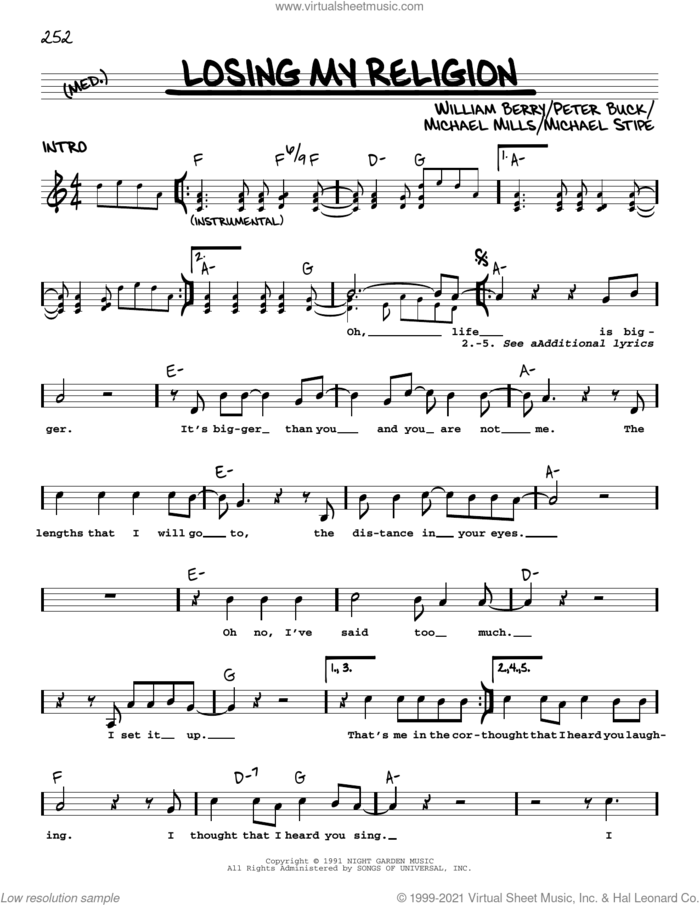 Losing My Religion sheet music for voice and other instruments (real book with lyrics) by R.E.M., Michael Stipe, Mike Mills, Peter Buck and William Berry, intermediate skill level