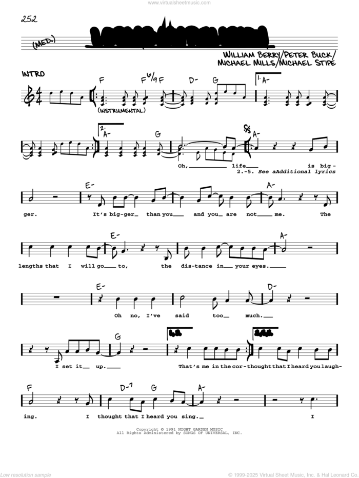 Losing My Religion sheet music for voice and other instruments (real book with lyrics) by R.E.M., Michael Stipe, Mike Mills, Peter Buck and William Berry, intermediate skill level