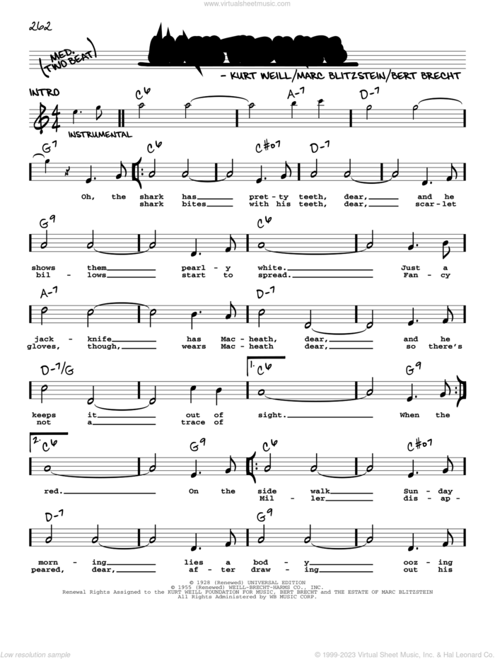 Mack The Knife sheet music for voice and other instruments (real book with lyrics) by Bobby Darin, Bertolt Brecht, Kurt Weill and Marc Blitzstein, intermediate skill level