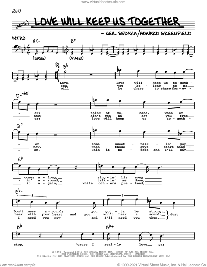 Love Will Keep Us Together sheet music for voice and other instruments (real book with lyrics) by The Captain & Tennille, Captain & Tennille, Howard Greenfield and Neil Sedaka, intermediate skill level