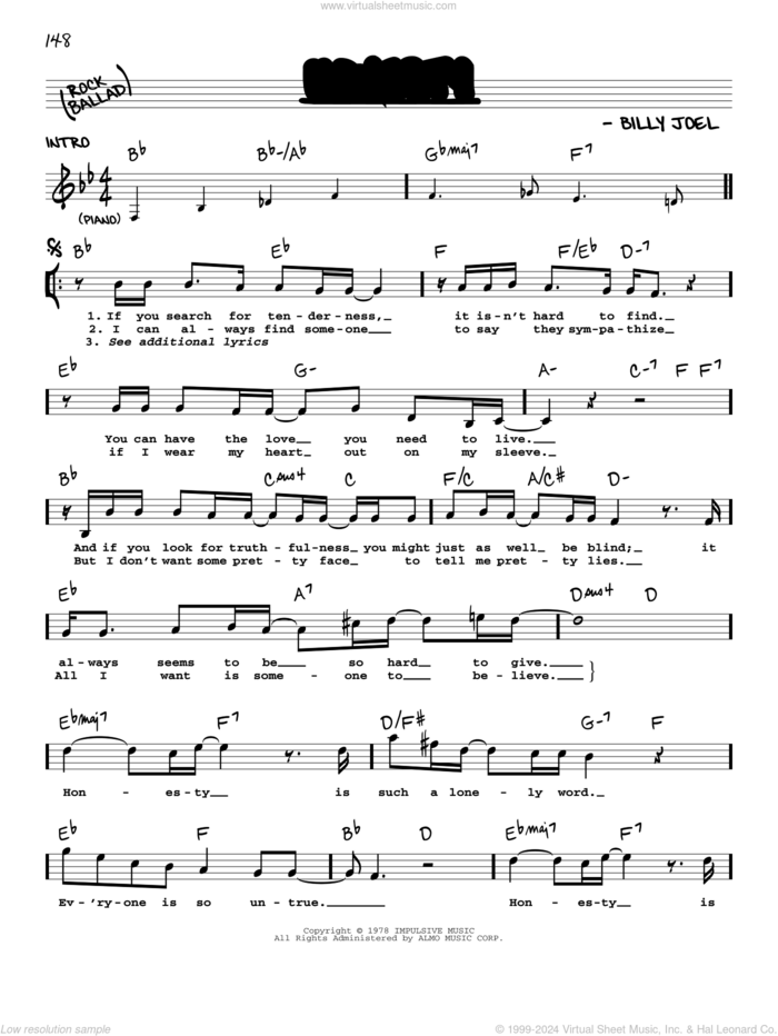 Honesty sheet music for voice and other instruments (real book with lyrics) by Billy Joel, intermediate skill level