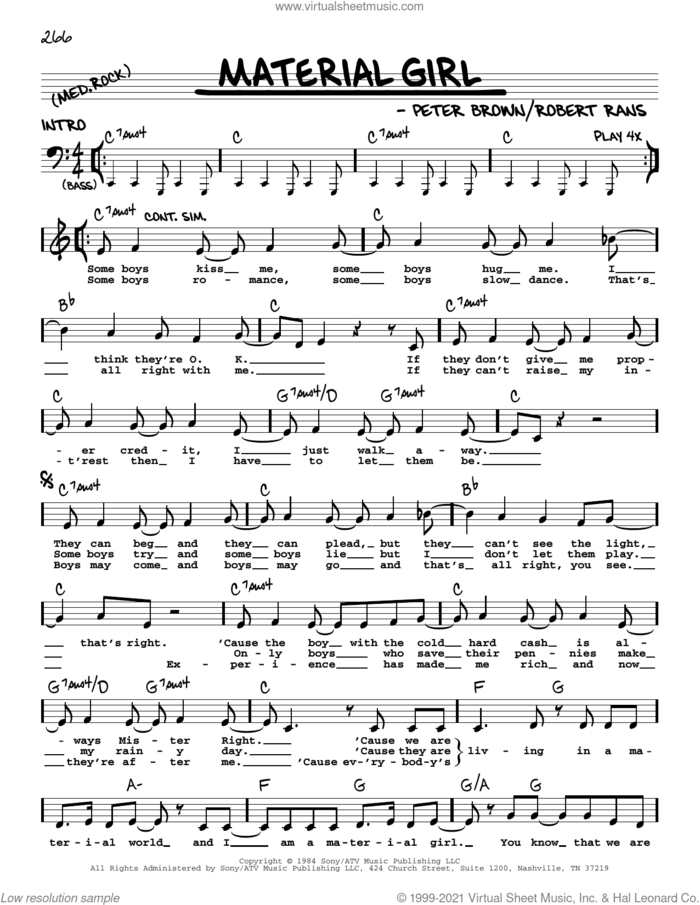 Material Girl sheet music for voice and other instruments (real book with lyrics) by Madonna, Pete Brown and Robert Rans, intermediate skill level
