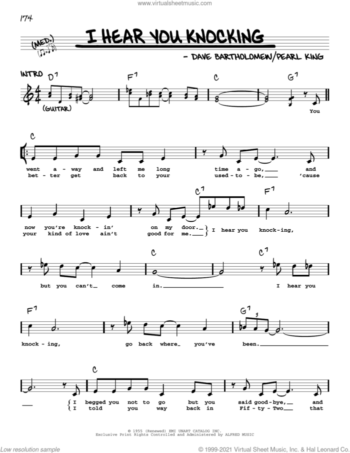 I Hear You Knocking sheet music for voice and other instruments (real book with lyrics) by Fats Domino, Dave Bartholomew and Pearl King, intermediate skill level