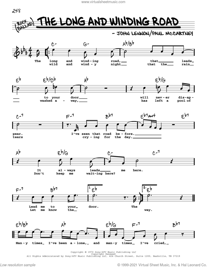 The Long And Winding Road sheet music for voice and other instruments (real book with lyrics) by The Beatles, John Lennon and Paul McCartney, intermediate skill level