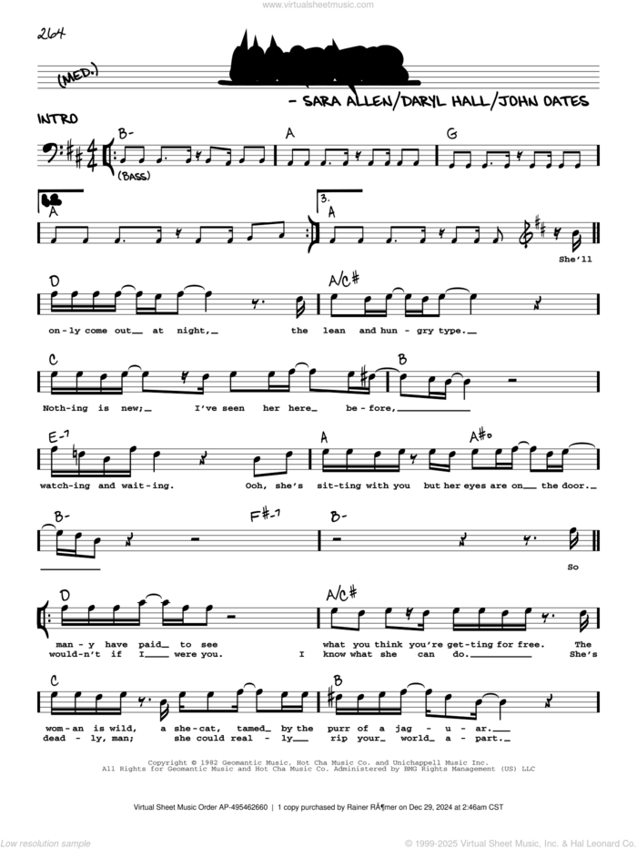 Maneater sheet music for voice and other instruments (real book with lyrics) by Hall and Oates, Daryl Hall, John Oates and Sara Allen, intermediate skill level