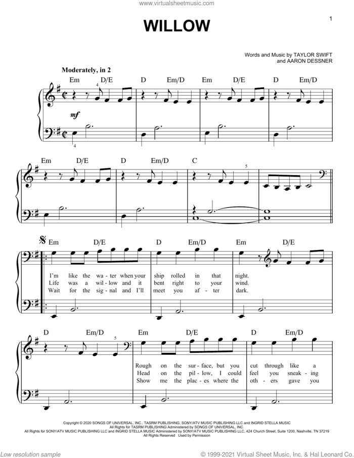 willow, (beginner) sheet music for piano solo by Taylor Swift and Aaron Dessner, beginner skill level