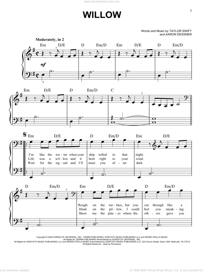 willow, (beginner) sheet music for piano solo by Taylor Swift and Aaron Dessner, beginner skill level