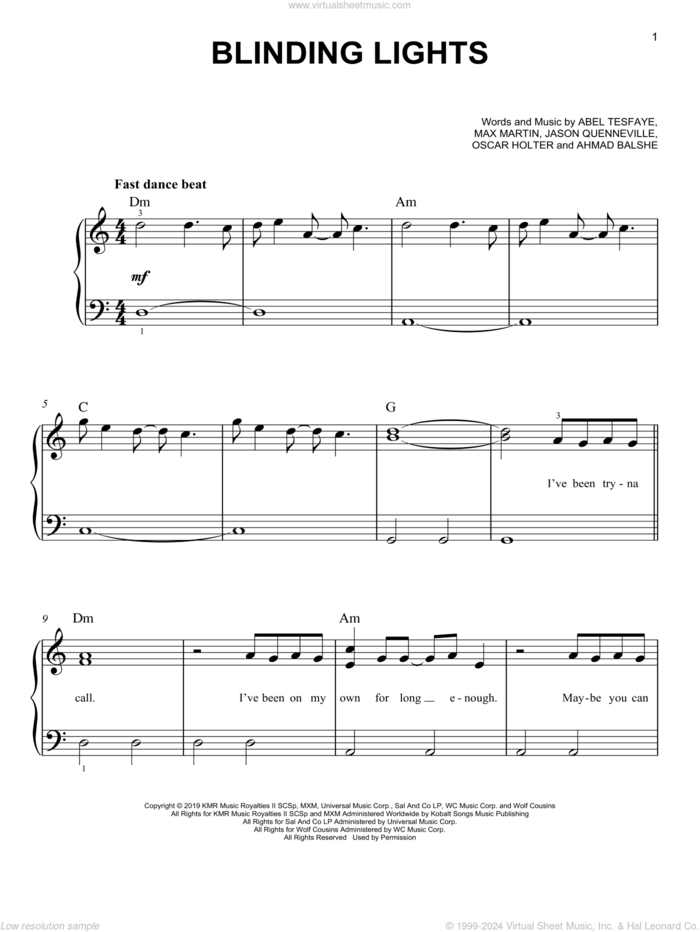 Blinding Lights, (beginner) sheet music for piano solo by The Weeknd, Abel Tesfaye, Ahmad Balshe, Jason Quenneville, Max Martin and Oscar Holter, beginner skill level