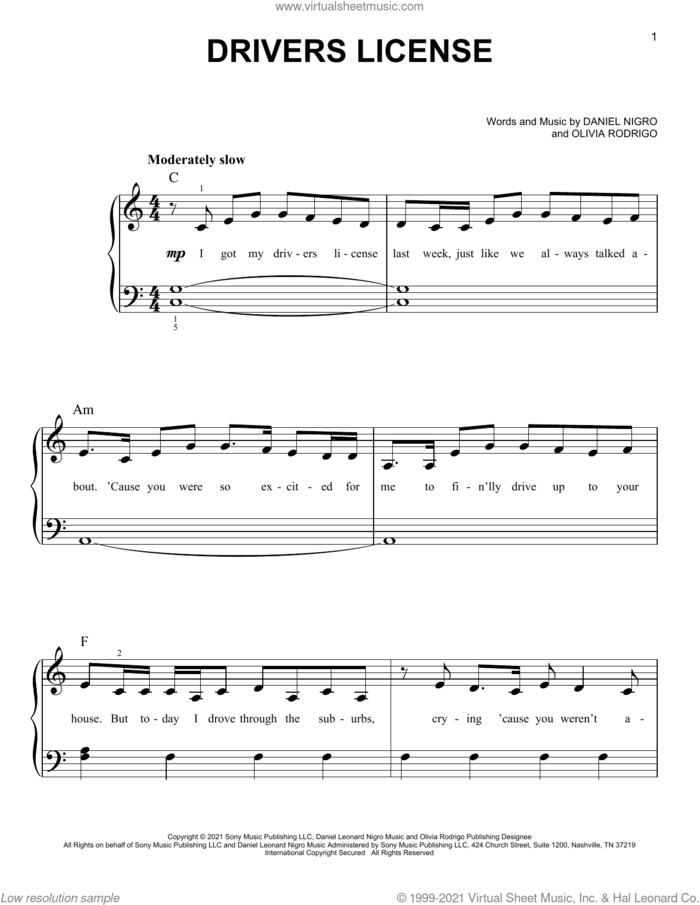 drivers license, (beginner) sheet music for piano solo by Olivia Rodrigo and Daniel Nigro, beginner skill level
