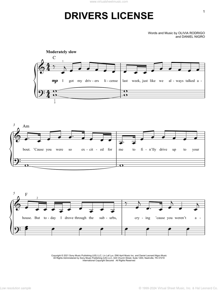 drivers license, (beginner) sheet music for piano solo by Olivia Rodrigo and Daniel Nigro, beginner skill level