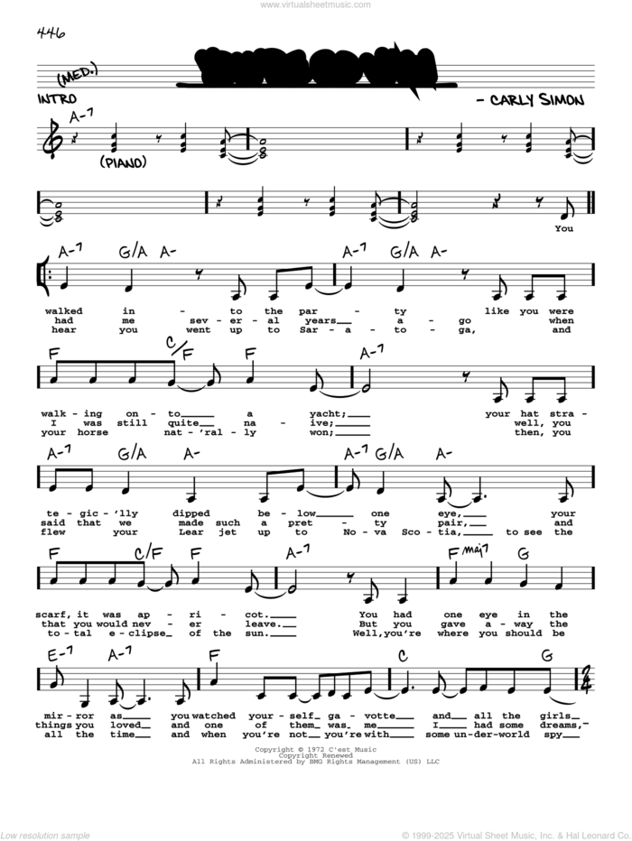 You're So Vain sheet music for voice and other instruments (real book with lyrics) by Carly Simon, intermediate skill level