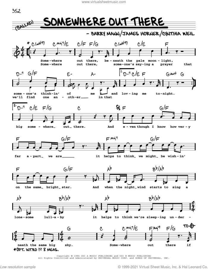Somewhere Out There sheet music for voice and other instruments (real book with lyrics) by Linda Ronstadt & James Ingram, Barry Mann, Cynthia Weil and James Horner, intermediate skill level