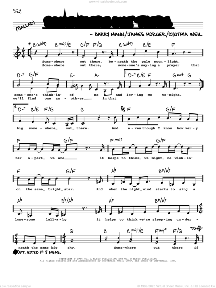 Somewhere Out There sheet music for voice and other instruments (real book with lyrics) by Linda Ronstadt & James Ingram, Barry Mann, Cynthia Weil and James Horner, intermediate skill level