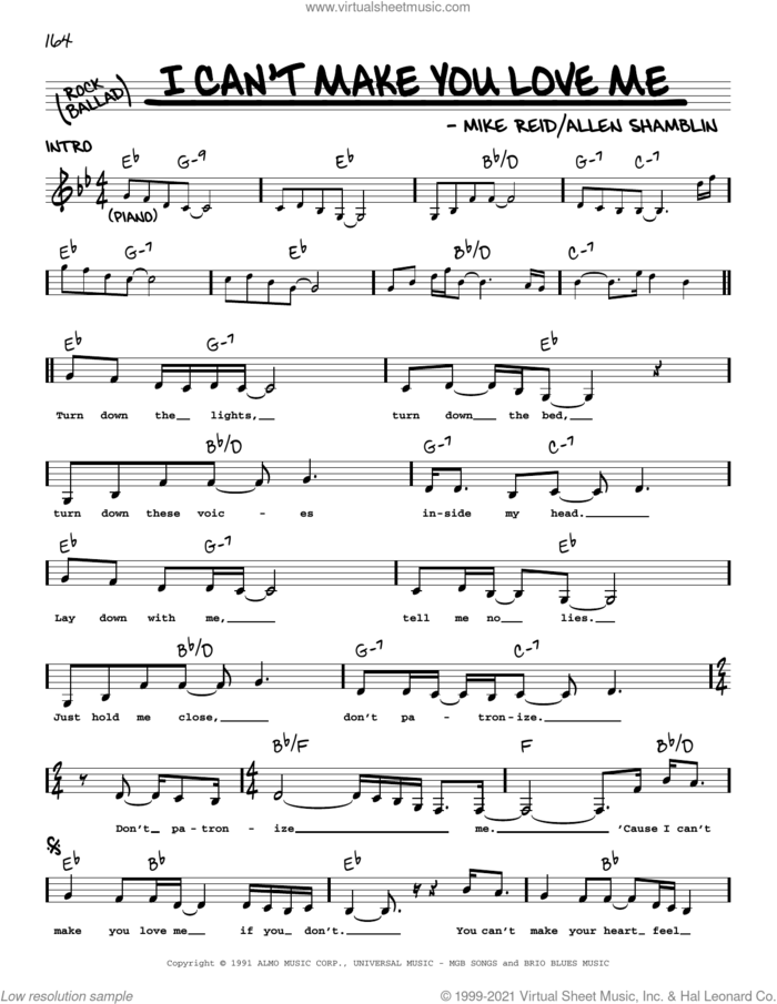 I Can't Make You Love Me sheet music for voice and other instruments (real book with lyrics) by Bonnie Raitt, Allen Shamblin and Mike Reid, intermediate skill level