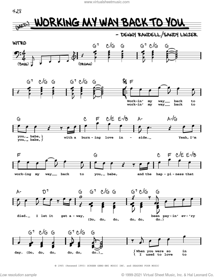 Workin' My Way Back To You sheet music for voice and other instruments (real book with lyrics) by The Four Seasons, Denny Randell and Sandy Linzer, intermediate skill level