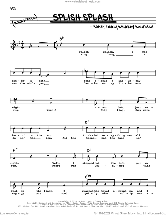 Splish Splash sheet music for voice and other instruments (real book with lyrics) by Bobby Darin and Murray Kaufman, intermediate skill level
