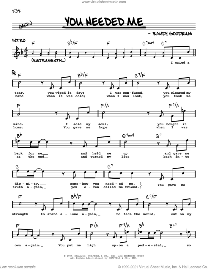 You Needed Me sheet music for voice and other instruments (real book with lyrics) by Anne Murray and Randy Goodrum, intermediate skill level