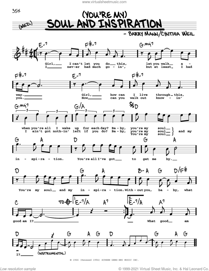 (You're My) Soul And Inspiration sheet music for voice and other instruments (real book with lyrics) by Righteous Brothers, Barry Mann and Cynthia Weil, intermediate skill level