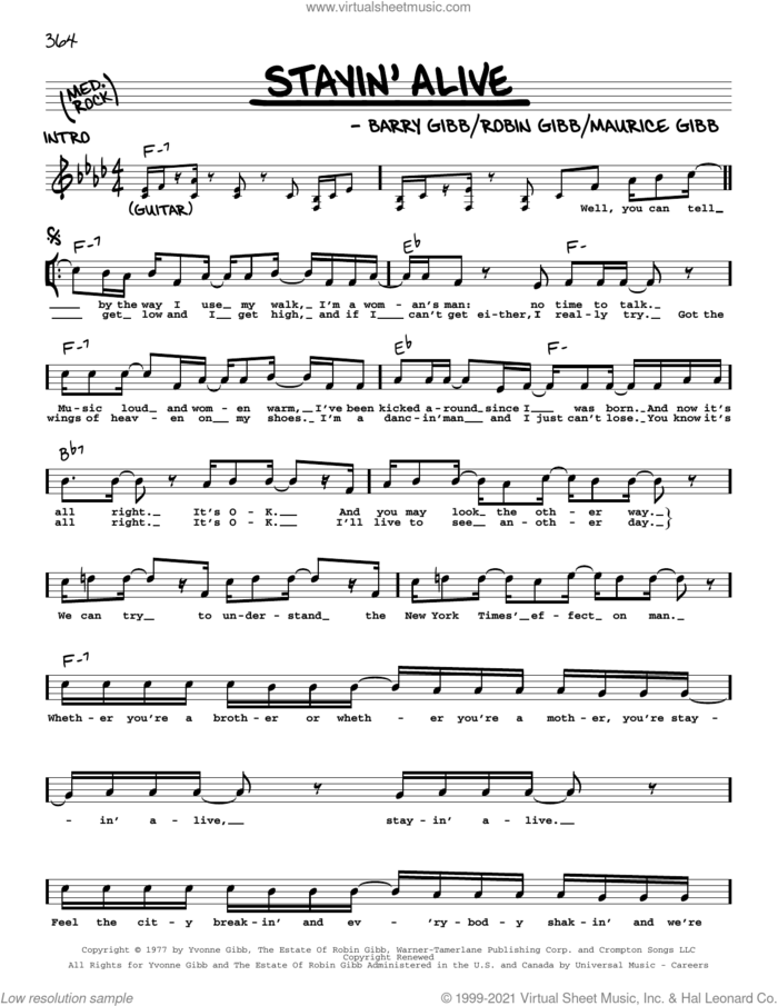 Stayin' Alive sheet music for voice and other instruments (real book with lyrics) by Barry Gibb, Bee Gees, Maurice Gibb and Robin Gibb, intermediate skill level