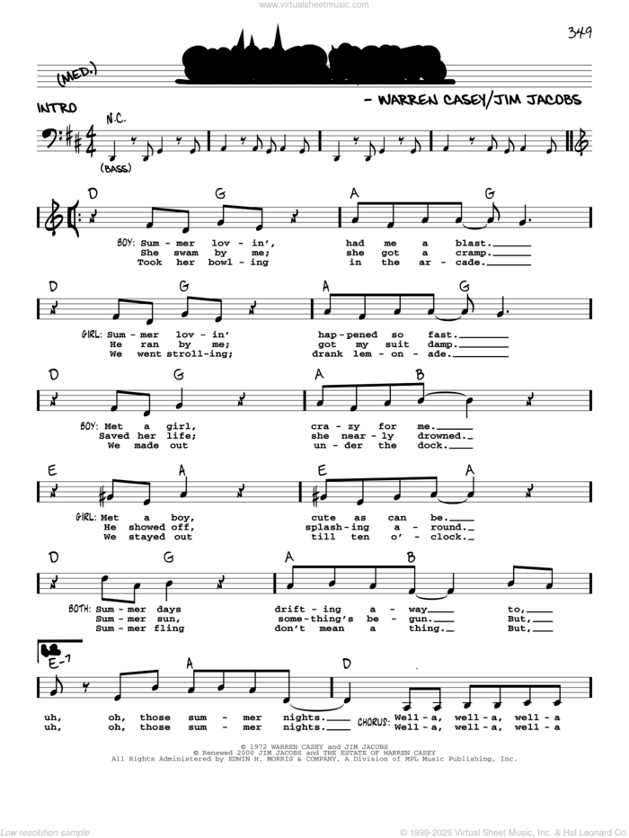 Summer Nights sheet music for voice and other instruments (real book with lyrics) by Jim Jacobs and Warren Casey, intermediate skill level