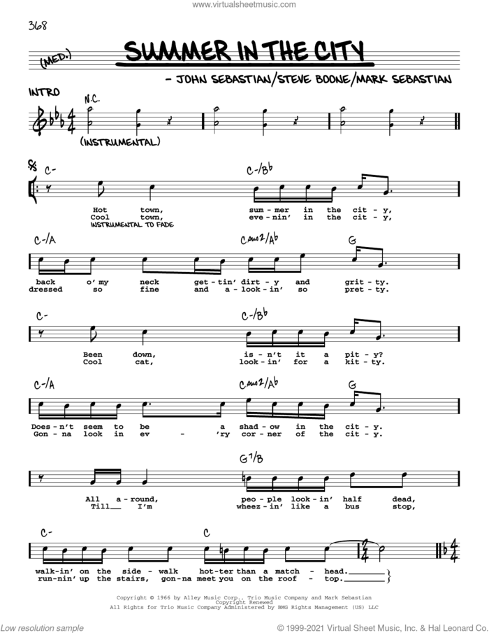 Summer In The City sheet music for voice and other instruments (real book with lyrics) by The Lovin' Spoonful, John Sebastian, Mark Sebastian and Steve Boone, intermediate skill level