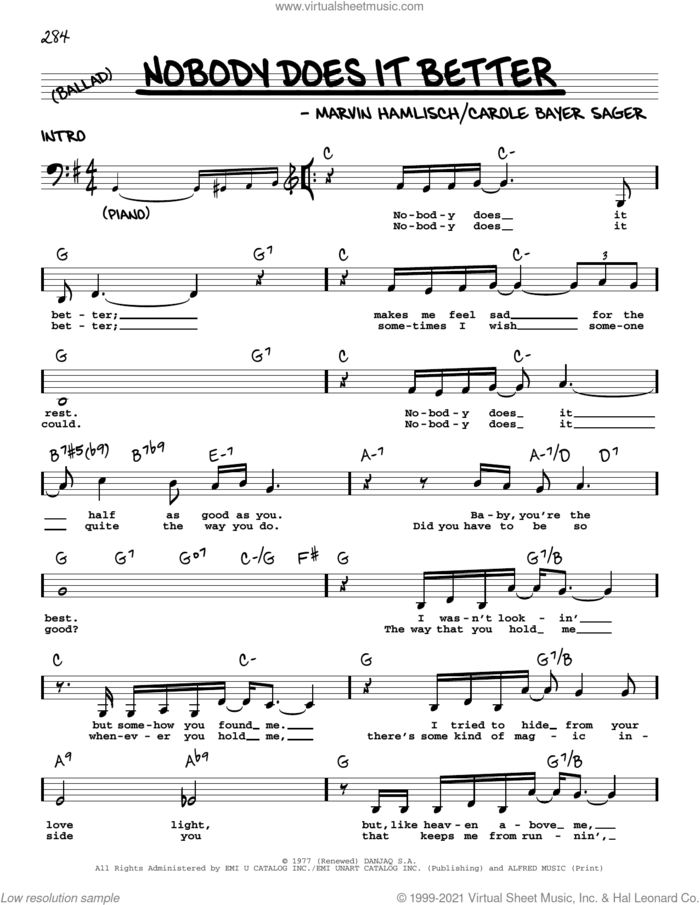 Nobody Does It Better sheet music for voice and other instruments (real book with lyrics) by Carly Simon, Carole Bayer Sager and Marvin Hamlisch, intermediate skill level