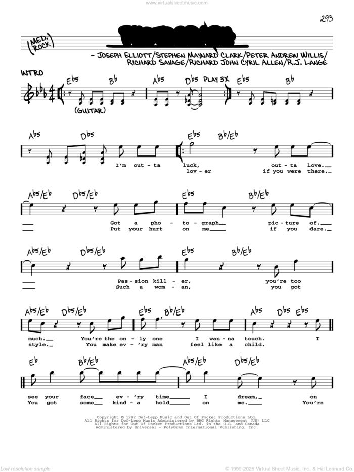 Photograph sheet music for voice and other instruments (real book with lyrics) by Def Leppard, Joseph Elliott, Peter Andrew Willis, Richard John Cyril Allen, Richard Savage, Robert John Lange and Stephen Maynard Clark, intermediate skill level