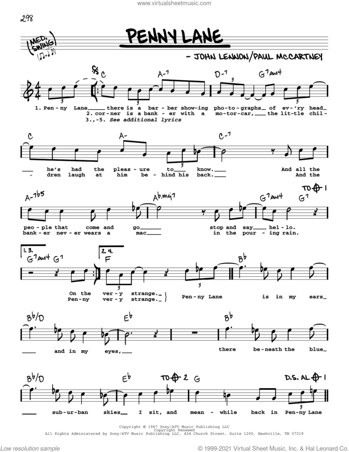 Penny Lane sheet music for voice and other instruments (real book with lyrics) by The Beatles, John Lennon and Paul McCartney, intermediate skill level