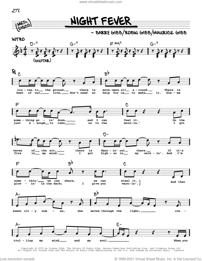 Night Fever sheet music for voice and other instruments (real book with lyrics) by Barry Gibb, Bee Gees, Maurice Gibb and Robin Gibb, intermediate skill level