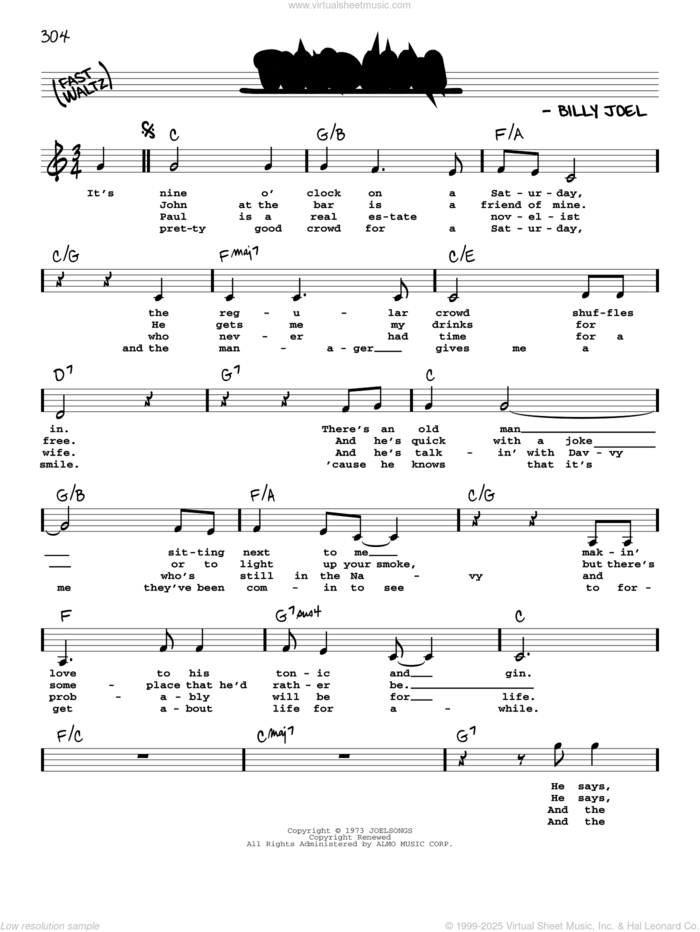 Piano Man sheet music for voice and other instruments (real book with lyrics) by Billy Joel, intermediate skill level