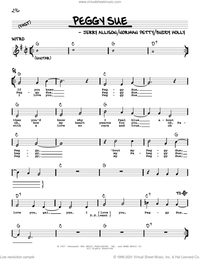Peggy Sue sheet music for voice and other instruments (real book with lyrics) by Buddy Holly, Jerry Allison and Norman Petty, intermediate skill level