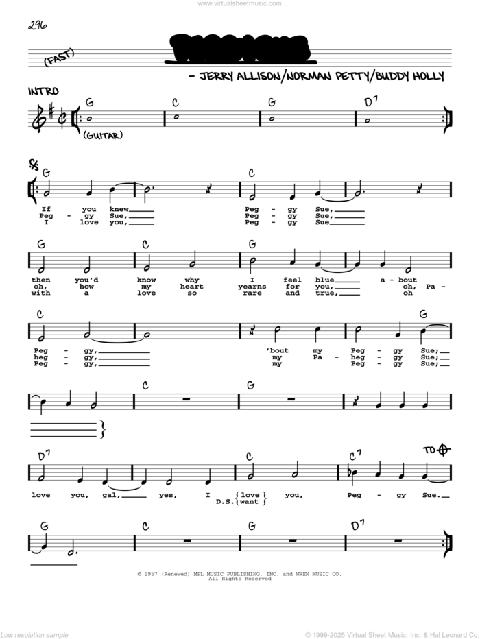 Peggy Sue sheet music for voice and other instruments (real book with lyrics) by Buddy Holly, Jerry Allison and Norman Petty, intermediate skill level