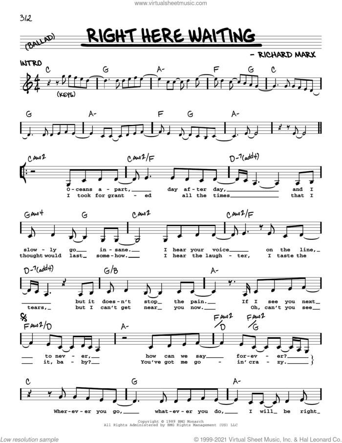 Right Here Waiting sheet music for voice and other instruments (real book with lyrics) by Richard Marx, intermediate skill level