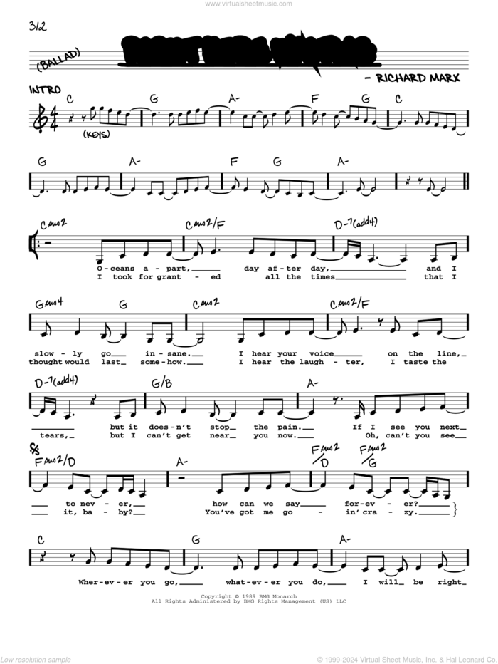 Right Here Waiting sheet music for voice and other instruments (real book with lyrics) by Richard Marx, intermediate skill level