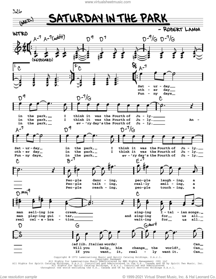 Saturday In The Park sheet music for voice and other instruments (real book with lyrics) by Chicago and Robert Lamm, intermediate skill level
