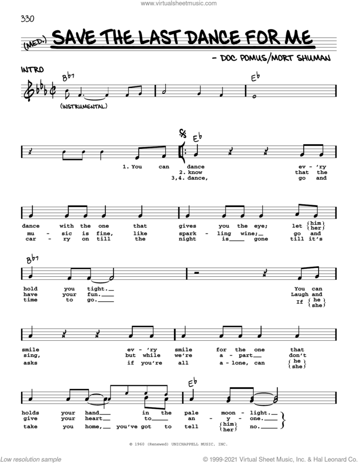 Save The Last Dance For Me sheet music for voice and other instruments (real book with lyrics) by The Drifters, Doc Pomus and Mort Shuman, intermediate skill level