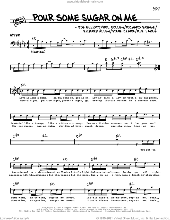 Pour Some Sugar On Me sheet music for voice and other instruments (real book with lyrics) by Def Leppard, Joe Elliott, Phil Collen, Richard Allen, Richard Savage, Robert John Lange and Steve Clark, intermediate skill level