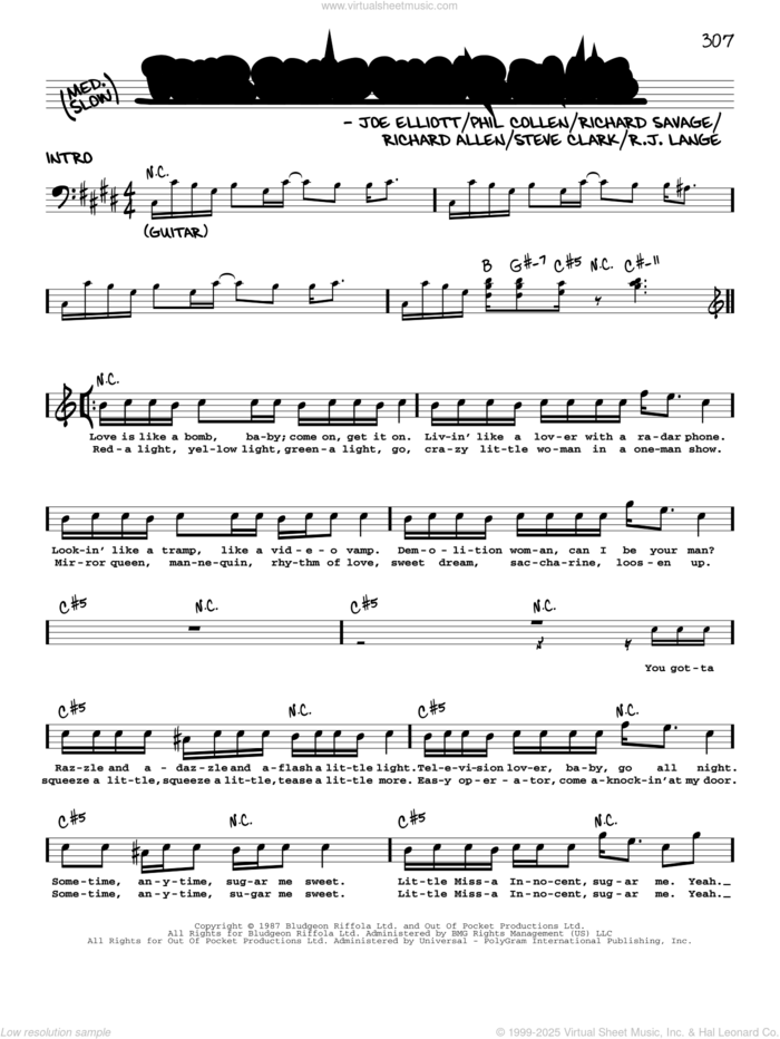 Pour Some Sugar On Me sheet music for voice and other instruments (real book with lyrics) by Def Leppard, Joe Elliott, Phil Collen, Richard Allen, Richard Savage, Robert John Lange and Steve Clark, intermediate skill level