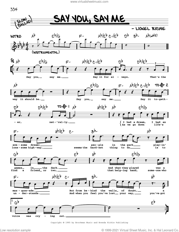 Say You, Say Me sheet music for voice and other instruments (real book with lyrics) by Lionel Richie, intermediate skill level