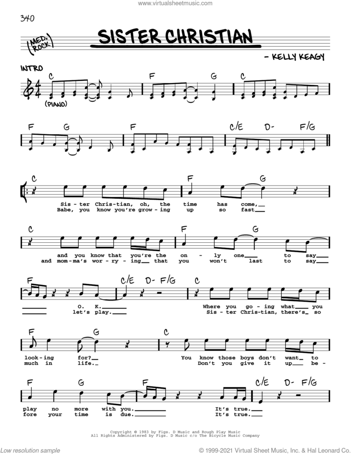 Sister Christian sheet music for voice and other instruments (real book with lyrics) by Night Ranger and Kelly Keagy, intermediate skill level