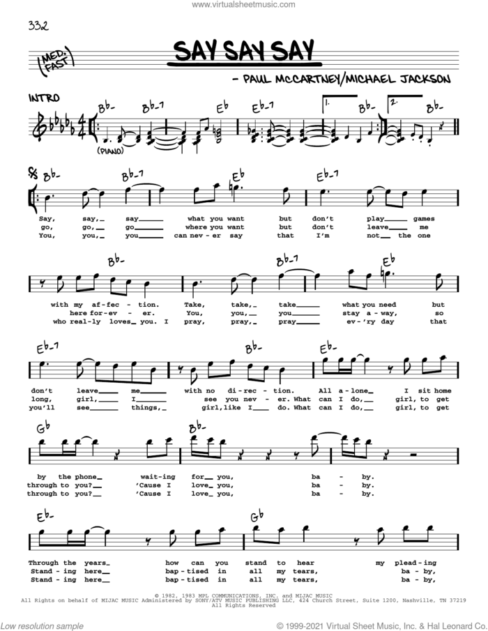 Say Say Say sheet music for voice and other instruments (real book with lyrics) by Paul McCartney, Paul McCartney and Michael Jackson and Michael Jackson, intermediate skill level