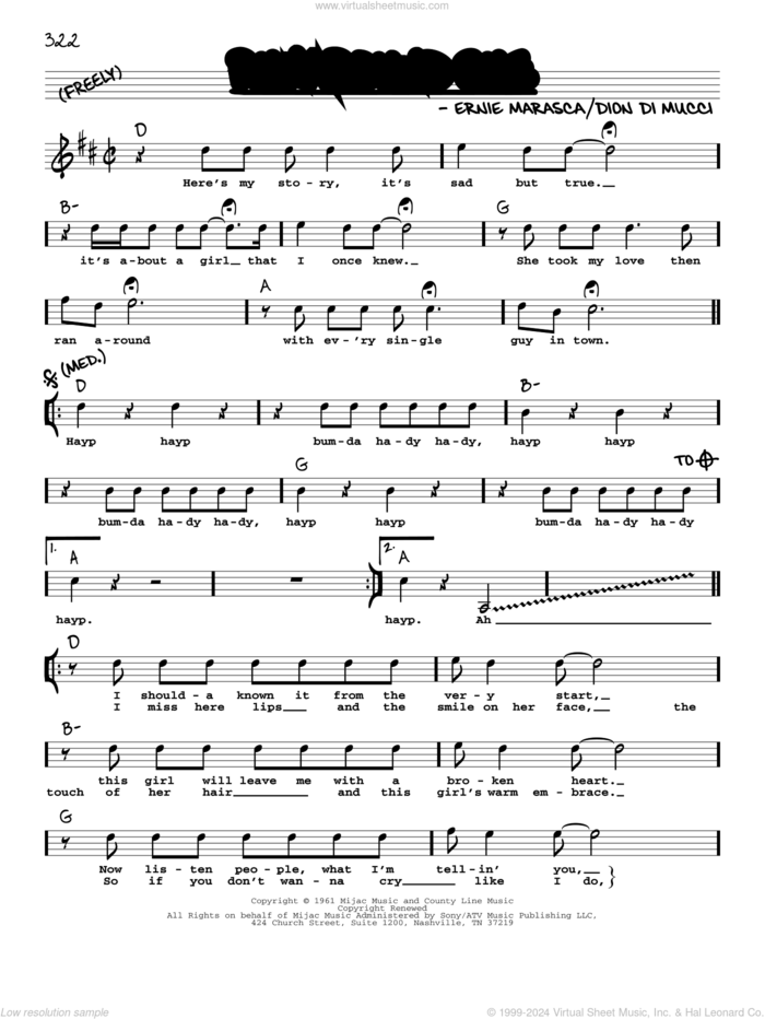 Runaround Sue sheet music for voice and other instruments (real book with lyrics) by Dion, Dion Di Mucci and Ernie Maresca, intermediate skill level