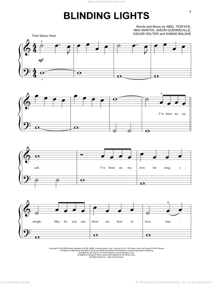 Blinding Lights sheet music for piano solo by The Weeknd, Abel Tesfaye, Ahmad Balshe, Jason Quenneville, Max Martin and Oscar Holter, beginner skill level