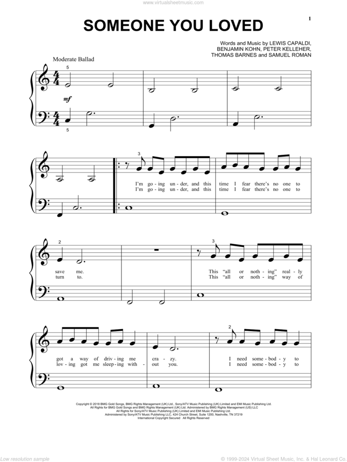 Someone You Loved sheet music for piano solo by Lewis Capaldi, Benjamin Kohn, Peter Kelleher, Samuel Roman and Thomas Barnes, beginner skill level