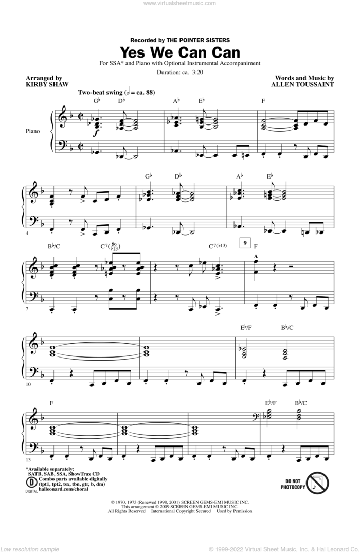 Yes We Can Can (arr. Kirby Shaw) sheet music for choir (SSA: soprano, alto) by The Pointer Sisters, Kirby Shaw, Donnie McClurkin, Kirk Franklin and Allen Toussaint, intermediate skill level