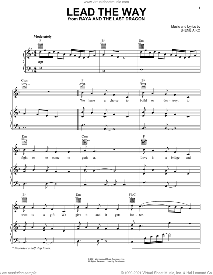 Lead The Way (from Disney's Raya And The Last Dragon) sheet music for voice, piano or guitar by Jhené Aiko, intermediate skill level