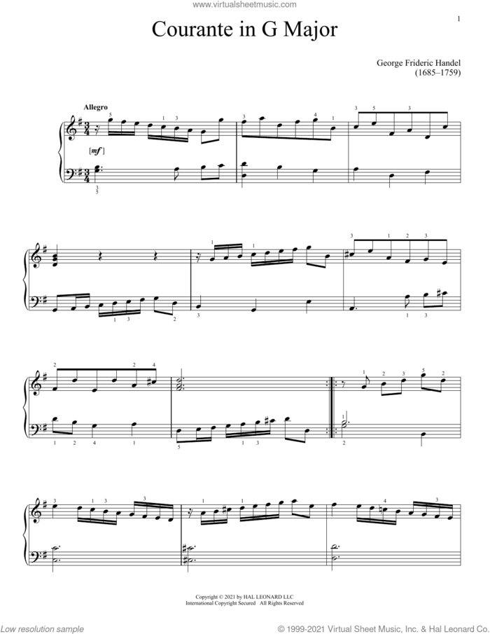 Courante sheet music for piano solo by George Frideric Handel, classical score, intermediate skill level