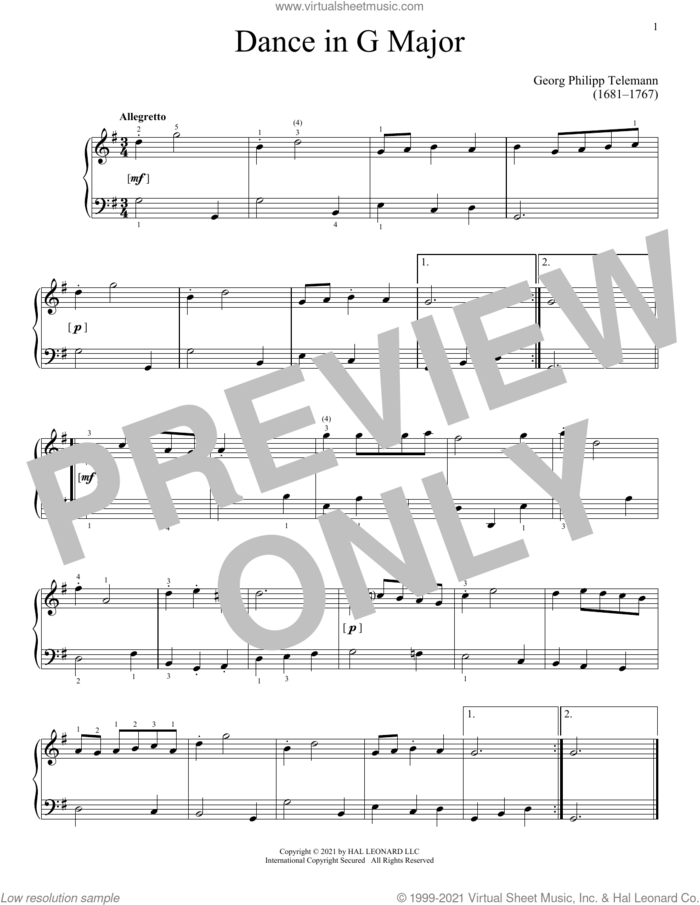Dance sheet music for piano solo by Georg Philipp Telemann, classical score, intermediate skill level