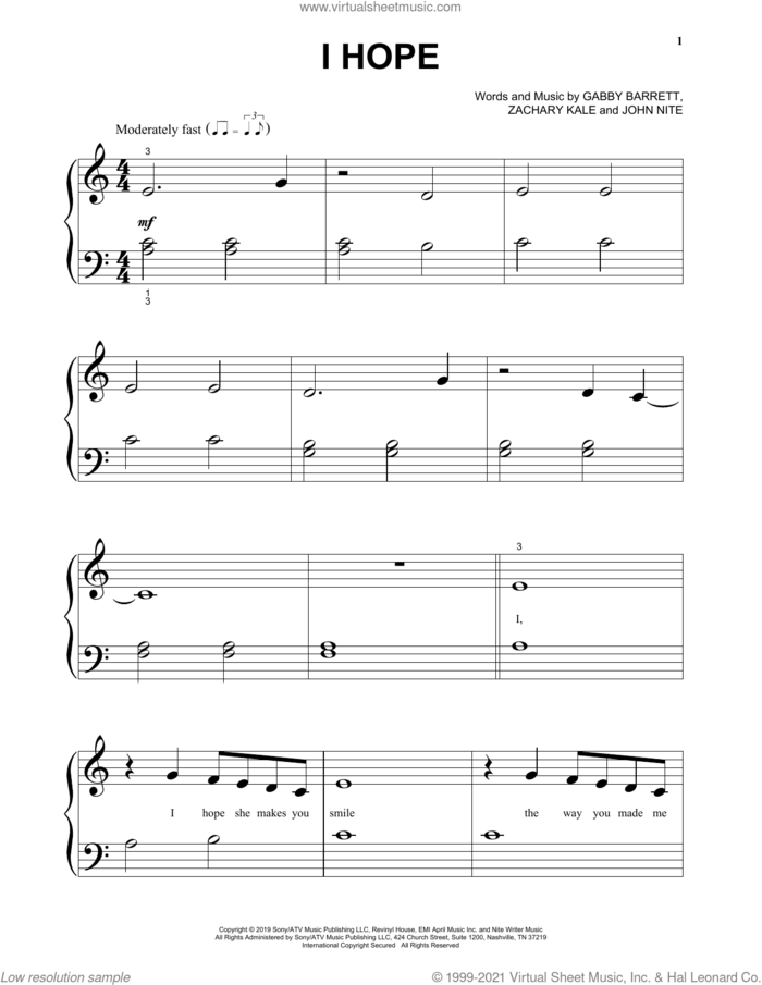 I Hope, (beginner) sheet music for piano solo by Gabby Barrett, Jon Nite and Zachary Kale, beginner skill level