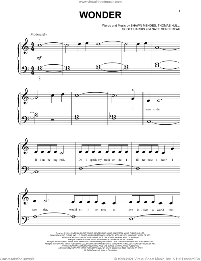 Wonder sheet music for piano solo (big note book) by Shawn Mendes, Nate Mercereau, Scott Harris and Tom Hull, easy piano (big note book)